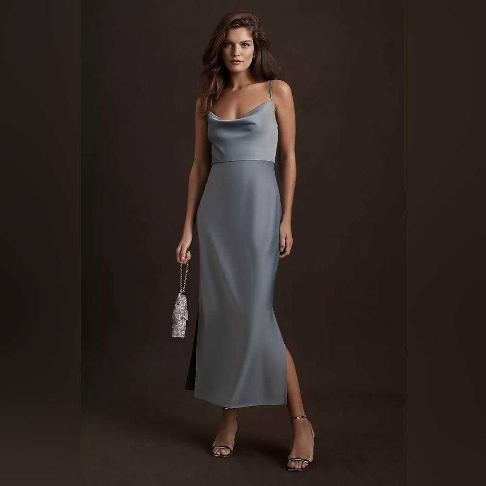 BHLDN Cali Satin Charmeuse Midi Dress In Dusty Blue Size 4
